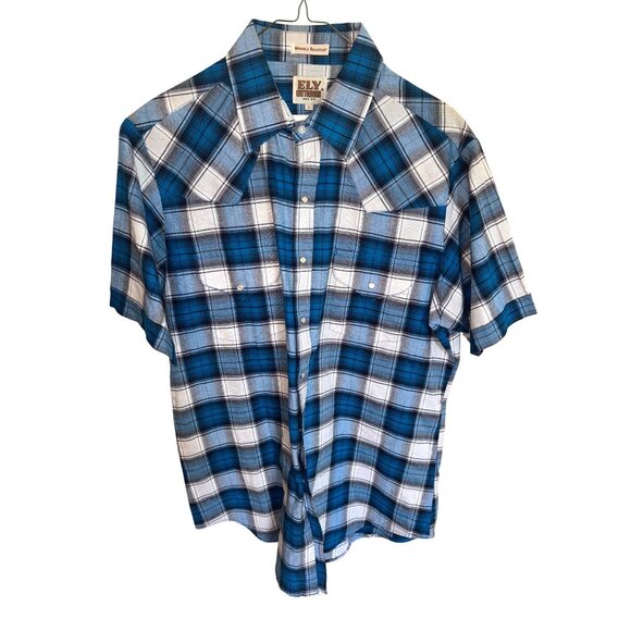 Ely Cattleman Men L Wrinkle Resistant Plaid Short Sleeve Western Shirt Blue/Whit - Picture 2 of 8